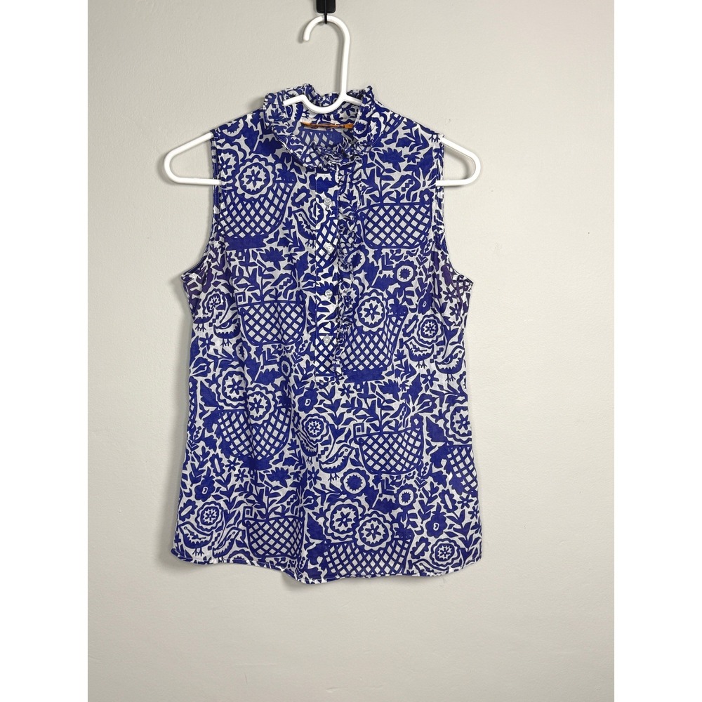 Tory Burch Top 4 Purple White Pineapple Print Preppy Resort Ruffles Sleeveless